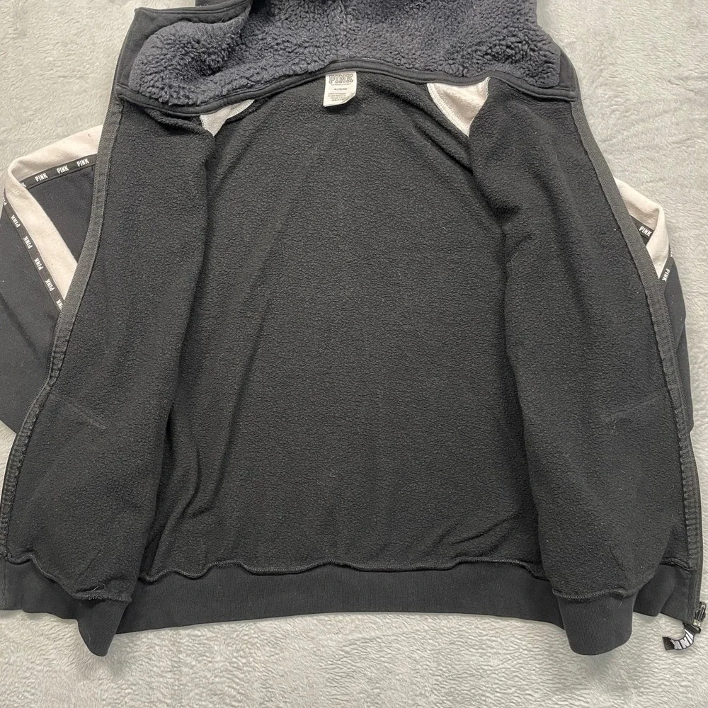 PINK Victoria's Secret Zip Hoodie Women Medium Black Sherpa Hood white Stripe - Picture 6 of 11